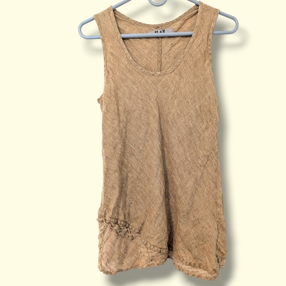 Flax Tan 100% Linen Scoop Neck Relaxed Ruffle Tank Top Lagenlook